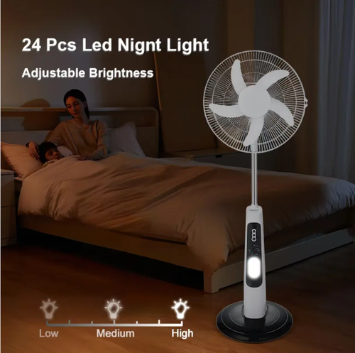 Multi-functional solar floor fan: Dual power supply + Long battery life. Even in power outages, it can continue to provide coolness for camping. The pure copper motor is quiet, energy-efficient and durable. It comes with 24 three-level dimmable LED night lights and can be controlled remotely, making it more convenient to operate. It is suitable for living rooms, bedrooms, outdoor areas, etc. It combines cooling and lighting functions, being both practical and thoughtful.