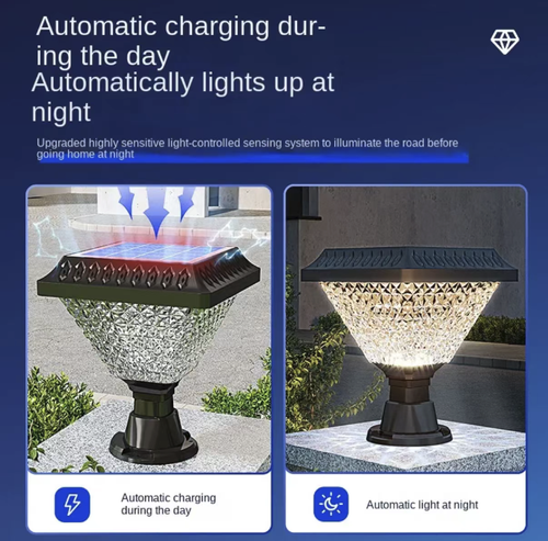 This solar-powered outdoor post-mounted floor lamp is powered by solar energy and has zero electricity cost. It is IP65 waterproof and durable. The transparent crystal lampshade creates a strong atmosphere. It can be installed in two ways - as a post or floor lamp, and the warm light is suitable for use in gardens, yards, and for holiday decorations. It is an all-round choice for outdoor lighting and decoration.