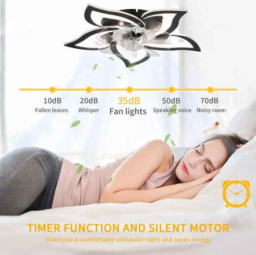 This Nordic-inspired ceiling fan lamp features a flower-shaped design to create an artistic appearance. It has a concealed 7-blade fan structure, with 6 gentle wind settings that are low-noise and do not disturb sleep. It supports three levels of color temperature LED lighting and dual mode (winter and summer) circulation air. It can be controlled via remote control or through an app. It is an ideal choice for a bedroom that combines beauty and comfort.