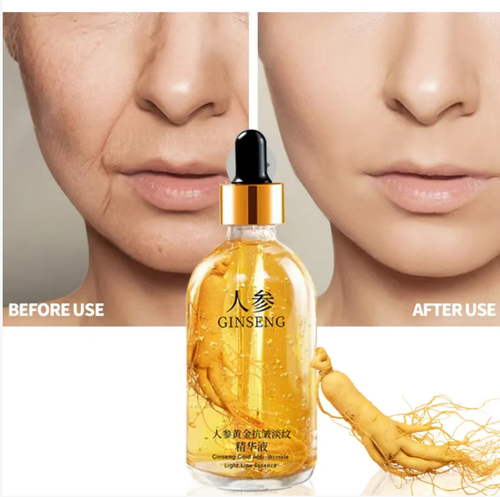 This Ginseng Golden Anti-Wrinkle and Wrinkle-Reduction Essence Liquid contains ginseng inside the bottle and the essence has a golden yellow texture. Using a dropper to draw the liquid, it can prevent wrinkles and reduce lines, infusing the skin with the energy of ginseng essence, helping to improve the skin condition and revitalize the skin with a youthful glow.