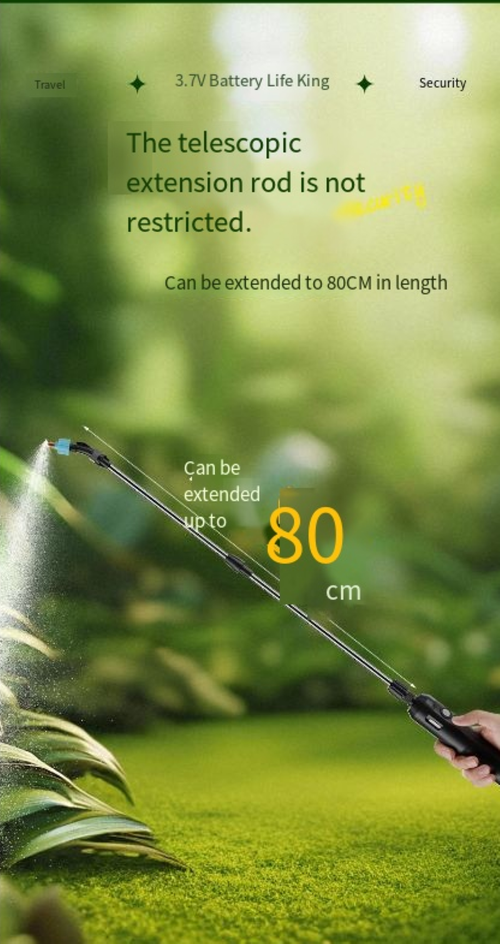 6L Lithium Battery High-Pressure Spray Sprayer. Large-capacity water tank reduces refilling. 3.7V Lithium Battery-driven automatic spraying. With sufficient pressure and uniform spray flow. The long pole can be freely adjusted in length. It is easy to operate at both high and low levels. It is an efficient and effortless helper for gardening watering, fruit tree spraying, and environmental disinfection.