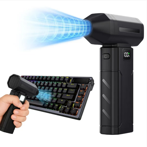 This black handheld wireless cleaning fan is equipped with a 5200mAh battery and can be charged via USB. It features an electricity display screen and an auxiliary lighting lamp, allowing for adjustable air outlets. The strong wind is used for dust removal. The device is compact and portable, with a non-slip handle. It is suitable for cleaning floating dust and debris at home or in the car. Please do not block the air outlet when using it.