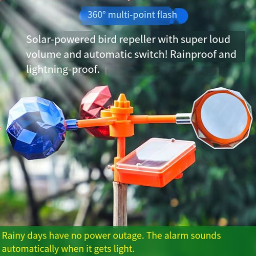Solar-powered voice bird repeller, the intelligent crop protection officer, 360° laser strobe, solar-powered battery life + light sensor automatic switch, 360° all-round bird repulsion with no blind spots, easy installation, keeping birds away and ensuring a safe and bountiful harvest for crops. It is a great helper for farmers in protecting their crops!