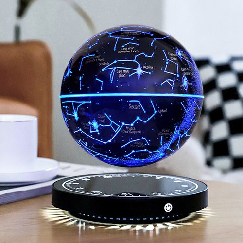 Magnetic levitation luminous globe. Suspended and rotating magnetically. The spherical surface is engraved with constellation patterns. It has four colors of lights: red, green, blue, and purple. When lit, it resembles a miniature galaxy. It can be used as a decorative item as well as a small night light. The base has markings. It rotates 360° to clearly view the constellations. Hold the starry sky in your palm. Your daily space instantly transforms into an observatory!