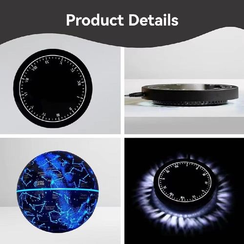 Magnetic levitation luminous globe. Suspended and rotating magnetically. The spherical surface is engraved with constellation patterns. It has four colors of lights: red, green, blue, and purple. When lit, it resembles a miniature galaxy. It can be used as a decorative item as well as a small night light. The base has markings. It rotates 360° to clearly view the constellations. Hold the starry sky in your palm. Your daily space instantly transforms into an observatory!