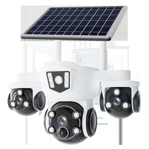 This 4G solar-powered three-camera surveillance camera features a 6-megapixel high-definition image quality. It is equipped with a human infrared sensor, low-power design, outdoor waterproof casing, and is powered by solar cells. It supports remote viewing via mobile phone and has infrared and full-color night vision functions. It is a practical surveillance device for outdoor areas without power supply.