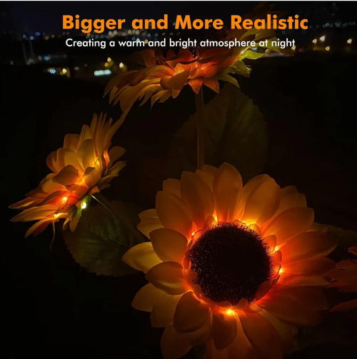Order today and you will receive 3 solar-powered sunflower outdoor courtyard ground lamps. No wiring is required and they automatically turn on and off. With 6 to 8 hours of sunlight, their lighting duration can reach 10 to 14 hours. The IP65 waterproof design can withstand rain and wind. Multiple units can be combined to create an atmosphere-filled courtyard space. It is an ideal choice for outdoor lighting and decoration, with a therapeutic effect.