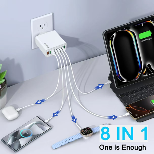 8-in-1 Fast Charging Head: One plug replaces multiple chargers, charging 8 devices simultaneously, saying goodbye to tangled power cords. It supports fast charging protocols such as QC4.0, intelligently distributing power for fast charging without sacrificing efficiency. With 8 layers of protection for greater safety. Portable for use at desks or on trips, it is a charging + neatness solution.