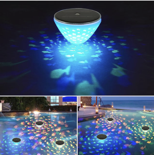 Solar-powered floating projection water-illuminating lamp, which can float on the water surface of a pool. It features IP waterproof sealing design. During the day, it automatically charges the solar energy, and at night, it automatically lights up. The colorful light patterns cycle and change. The hollow shell projects exquisite patterns, suitable for use in courtyards, fish ponds, and landscape water features. It can be installed without wiring and is durable outdoors.