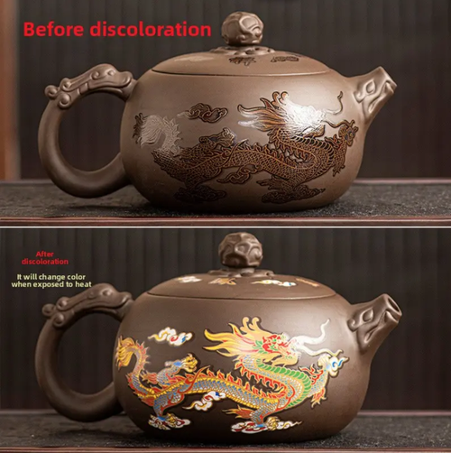 The dragon and phoenix teapot that changes color when it comes into contact with water is a traditional Chinese tea set with unique craftsmanship. It is usually made of purple clay and the body of the teapot is decorated with dragon and phoenix patterns. The color will change when it comes into contact with water. It is extremely exquisite and very suitable for collection.