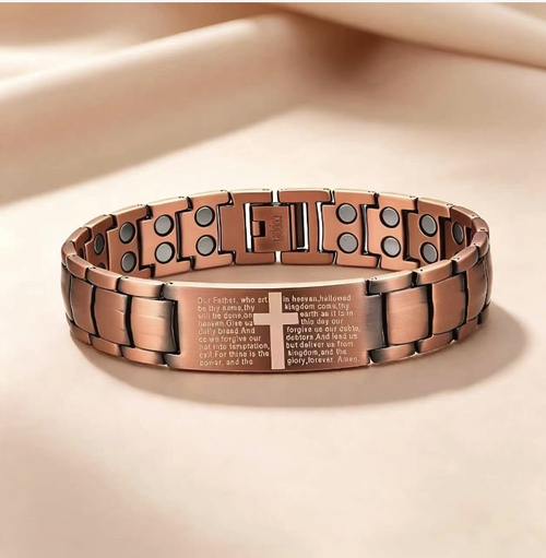 Vintage men's magnet bracelet. The red copper textured links are tough and neat, allowing for adjustable and detachable design to fit different wrist sizes. The engraved details showcase individuality. The magnets fit snugly and are comfortable to wear. The material is durable and doesn't fade easily. All of these make it a choice that combines both appearance and practicality. It is a low-key and high-quality accessory for men's daily outfits.