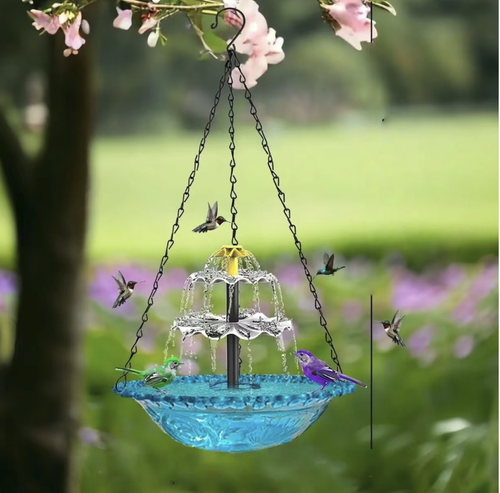Solar waterfall bird bath fountain, with no plug-in design. The double-layer waterfall nozzle produces a gentle flowing water sound. The glass bird bath basin can attract birds to settle. It can be hung or placed, suitable for various outdoor scenarios. Regular cleaning can keep the water clear, and it is easy to create a soothing courtyard water feature. It is a good decorative and practical item for outdoor water features.