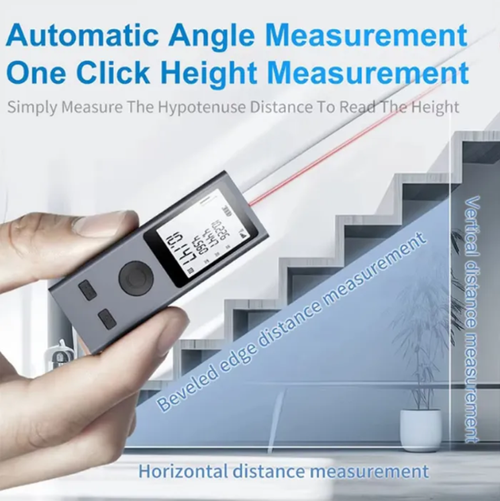 Mini laser rangefinder, with millimeter-level accuracy (±1mm), compact in size and suitable for holding in the palm or storing in a pocket. It supports automatic angle measurement and one-click height measurement. The high-definition backlit screen provides clear readings. It is sweat-proof, corrosion-resistant and durable, making it a pocket measurement expert for decoration, engineering and DIY.