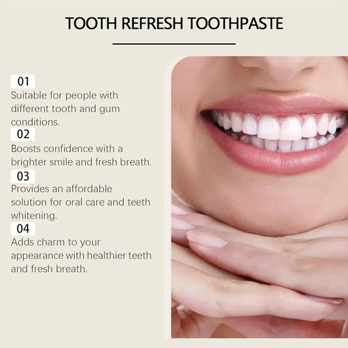 Order today and you will receive 5 boxes of expertly developed patented formula tooth enamel regeneration Effectiveness oral toothpaste and tooth freshener - refreshing toothpaste. Its thick mint foam can perform deep cleaning, gently break down stains and whiten teeth. It can also repair tooth enamel and protect gums. It is suitable for various oral conditions and will keep your breath fresh every day.