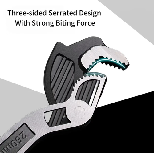 12-inch self-locking adjustable wrench. The three-sided serrated teeth have a strong grip without slipping. The head is hardened to increase hardness and is electroplated with reflective coating for rust prevention. The spring reset is effortless. It is suitable for various scenarios such as water pipes and screws. It can be used as a single tool or multiple tools in one. It is convenient for both household use and maintenance in construction sites.