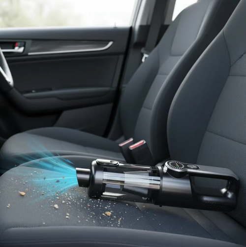Wireless handheld and vehicle-mounted vacuum cleaner, with high power suction, capable of handling both dry and wet waste + combining suction and blowing functions. It can remove dust, debris, and wet garbage. With one-button dust discharge without dirtying hands, the filter can be washed and maintains long-lasting suction. The body is small and portable, ensuring no cleaning blind spots inside the vehicle. It is an essential cleaning tool for car owners.