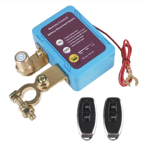 12V car battery intelligent power-off switch, with both remote control and manual control functions, capable of handling a maximum current of 240A. The pure copper connectors ensure stable conductivity and low power consumption during standby. It automatically cuts off power when the battery is low or there is leakage. Comes with two remote controllers, easy to install, suitable for cars, campers and trucks, providing long-term protection for the vehicle's electrical circuits and batteries.