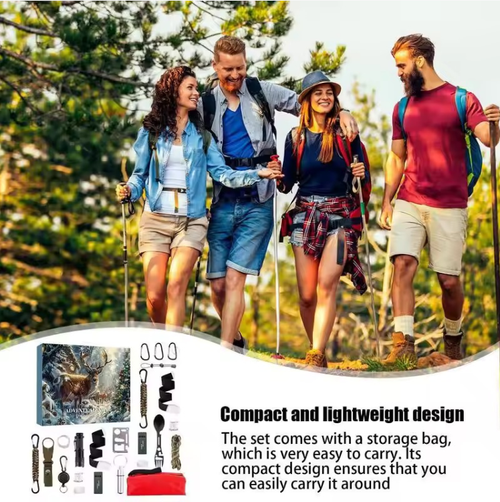 24-piece Set,Outdoor Survival Tool Box Set. 24 compartments, unlocking one practical equipment each day. It covers essential items for outdoor survival such as navigation, fire-making, and tools. The materials are tough and durable, suitable for various scenarios including camping, hiking, and urban emergencies. It is an excellent choice for outdoor enthusiasts as both an exploration treasure chest and a creative gift.