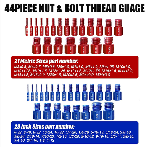 44-piece bolt and nut thread inspection tool set: A precise matching tool, including 21 bolts + 21 nut thread gauges, covering common metric and imperial specifications. It offers efficient and accurate detection. Made of high-hardness material, the box cover is equipped with a specification table, and the compartments have card slots for storage. Say goodbye to thread mismatch, saving time and preventing rework.