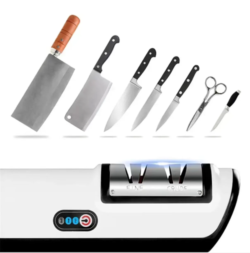 Home electric knife sharpener, easy to use with just one press! It takes only 3 seconds to sharpen the blade, and it is compatible with various knives such as kitchen knives and scissors. The precise angle ensures no damage to the blade. The compact design doesn't take up much space, and it is safe for both adults and children to use. This product makes every cutting task swift and smooth, doubling the efficiency of the kitchen!