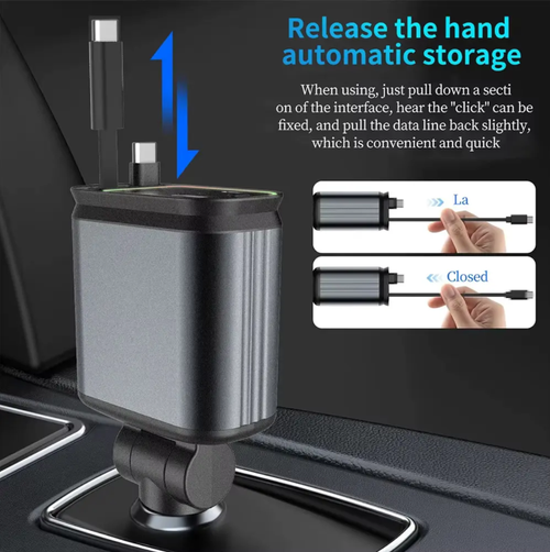 180° rotation is super flexible, suitable for most vehicle models, and it can also automatically store the cables! This car charger is extremely convenient for charging. It makes the charging in the car free from clutter and helps your electronic devices quickly recharge!
