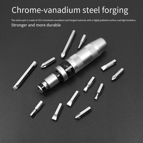 13-piece impact screwdriver: Made of chrome-vanadium steel, with multiple heads precisely adapted for various situations. It is capable of forcefully breaking rusted and stripped screws. It is an essential professional tool for repairing stubborn screws and is a must-have efficient tool for both home and automotive repair scenarios.