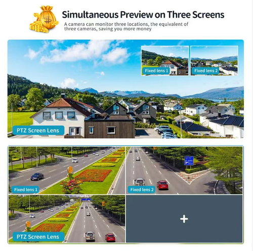 This 4G solar-powered three-camera surveillance camera features a 6-megapixel high-definition image quality. It is equipped with a human infrared sensor, low-power design, outdoor waterproof casing, and is powered by solar cells. It supports remote viewing via mobile phone and has infrared and full-color night vision functions. It is a practical surveillance device for outdoor areas without power supply.