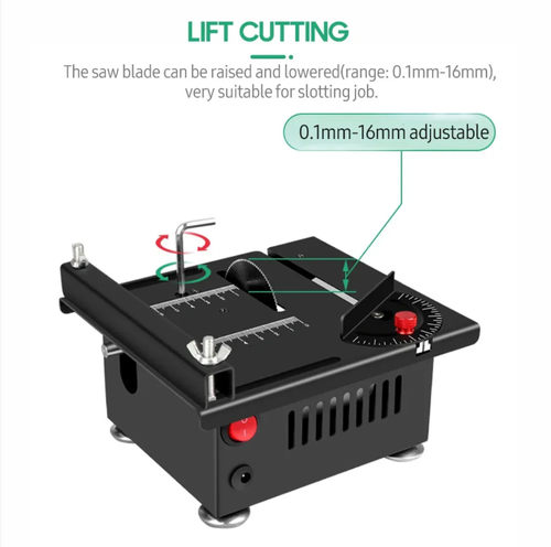 Mini lifting platform saw, compact in size and powerful in performance. It can be adjusted to an angle of 0-90°. It can precisely cut various materials such as wood, acrylic, and PCB boards. The operation is safe and easy to master. Whether you are a model enthusiast or a woodworking expert, you can achieve precise cutting with it, making your handmade creations more outstanding!
