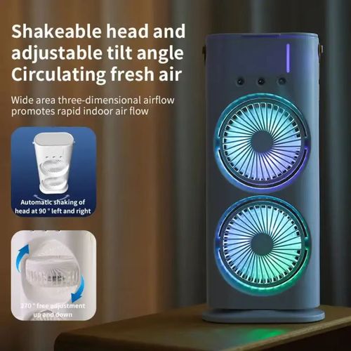 Double-head spray fan, with two fans and three-hole fine water mist, can lower temperature by 3-5℃ when adding ice. It can automatically rotate 90° to send air over a wide area. The wind speed can be adjusted in three levels. It supports dual charging and can be used with a seven-color night light to create an atmosphere. It also has the functions of cooling and humidifying. It is suitable for desktop camping and can keep you cool all the time.