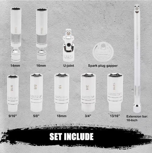 10-piece set spark plug special socket tool, with multiple specifications of extended sockets that can be adapted to various vehicle models. The alloy steel material has strong torsional resistance, and the built-in rubber ring protects the spark plug from being knocked. The universal joint can be turned in multiple directions, making it easy to operate in narrow spaces. The complete set of storage tool box is very practical for both auto repair and vehicle backup.
