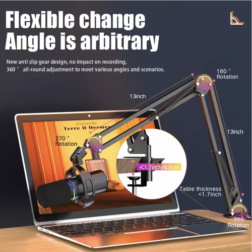This RGB dynamic diaphragm USB microphone features a heart-shaped directional pickup that eliminates background noise and delivers clear and full human voices. The RGB ambient light enhances the atmosphere. It is USB plug-and-play and compatible with multiple devices. The included cantilever stand and shockproof frame make it a professional audio recording tool for streamers, esports team members, and voice recording and dubbing purposes.