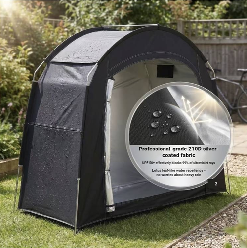 Outdoor folding bicycle tent, 210D Oxford fabric, can provide shade, rain protection and dust prevention. It can be used for parking the bicycle or for camping and picnics. Fiberglass frame, easy to set up, small storage volume, equipped with a storage bag and ground pegs. Suitable for short-distance cycling and camping. Do not use in bad weather. Provides basic shade and dust protection for the bicycle and personal belongings.