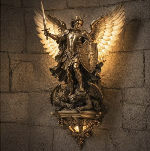 Michael Angel Sculpture Wall Lamp. Made of eco-friendly resin, finely carved. With a patinated bronze finish. The wings and base have warm light bulbs. During the day, it is a three-dimensional relief sculpture, at night, it provides soft supplementary lighting. It is securely hung and convenient to install. It has a retro and elegant style, suitable for decoration in the entrance, corridor, or lounge of your home.