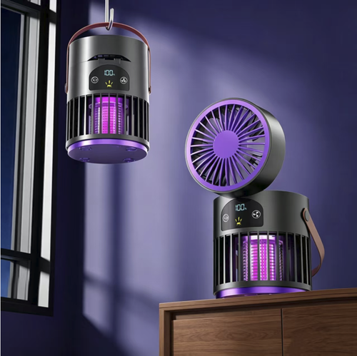 The three-in-one portable camping fan combines the functions of blowing air, emitting ultraviolet light for physical mosquito trapping, and providing ambient lighting. It is non-toxic and odorless. The fan angle can be adjusted. It has long-lasting battery life via USB charging and comes with a portable handle. The protective grille design is safer. It can be used for camping, home use, fishing, and cooling off to prevent mosquitoes.