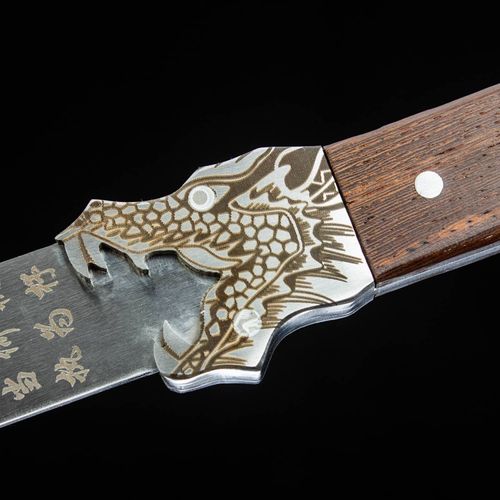 Multi-functional outdoor tactical knife. The blade is equipped with a wrench, a measuring ruler, and a window-breaking hook. The high-hardness blade is sharp and practical. The wooden handle and the dragon-head tip are beautifully crafted. It has both outdoor survival and vehicle emergency functions. It is a practical tool as well as a valuable collection item.