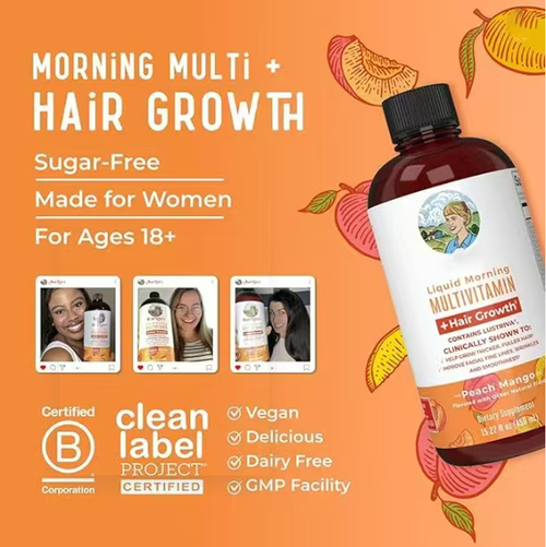 Order today and you will receive 2 bottles of the hair growth vitamin drops. It is specially designed for women and aims to nourish the hair and skin. It contains nutrients such as shine essence, which can make the hair thicker within 3 weeks and improve fine lines. This product is sugar-free and gluten-free, with flavors of peach and mango. Just take 2 tablespoons per day to help keep your hair healthy.