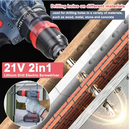 The 21V 2-in-1 lithium battery drill electric screwdriver can drill holes in various materials such as wood, metal, stone, and concrete. It is powered by lithium battery, portable and efficient. Whether for home repairs, construction work, or handicrafts, it can handle them easily. It provides strong power and a convenient experience for your drilling and screwing operations, and is your reliable tool assistant.