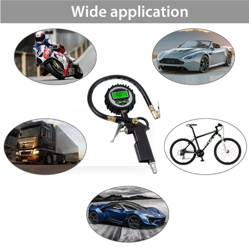 High-precision digital pressure gauge, with a wide range of 0 - 200 PSI and an accuracy of 0.05 kg cm². It can be switched between four units with one click. The bright LCD backlight screen, gun-shaped non-slip grip, and explosion-proof hose, along with rubber protection for shock resistance and durability, make it a professional tool for auto repair, off-road driving, and outdoor inflation pressure measurement.