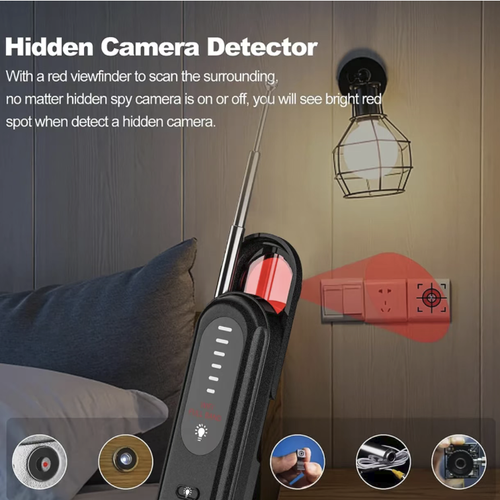 Portable detector, featuring dual modes of wireless signal detection and infrared scanning, can assist in identifying hidden cameras and wireless eavesdropping devices. The telescopic antenna is combined with a signal indicator light, and it comes with a built-in flashlight for illumination. It has multiple sensitivity settings that can be adjusted. Suitable for hotels, guesthouses, and other places as an auxiliary tool for privacy protection.