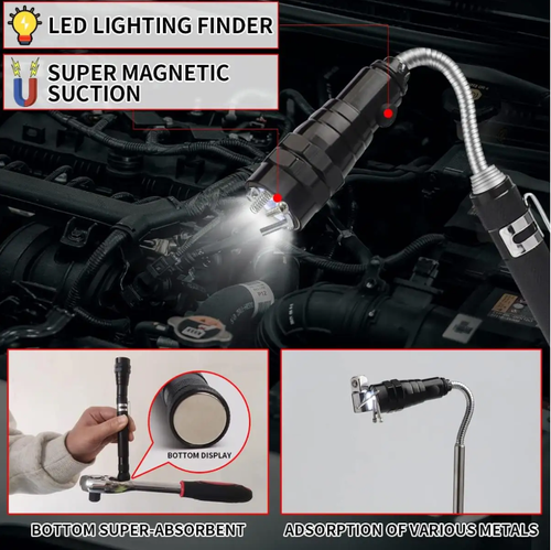 This flexible, magnetic and extendable flashlight can be folded to 17cm for portability, and can be extended to 57cm with a flexible hose that can be bent freely. It can easily enter narrow spaces without any pressure. It has dual strong magnetic attachments, which can also fix tools, it has 3 high-brightness LED lights to illuminate dark corners. It is rust-proof and durable, suitable for automotive repair, decoration and home use. It is the savior for hidden corners in any space.