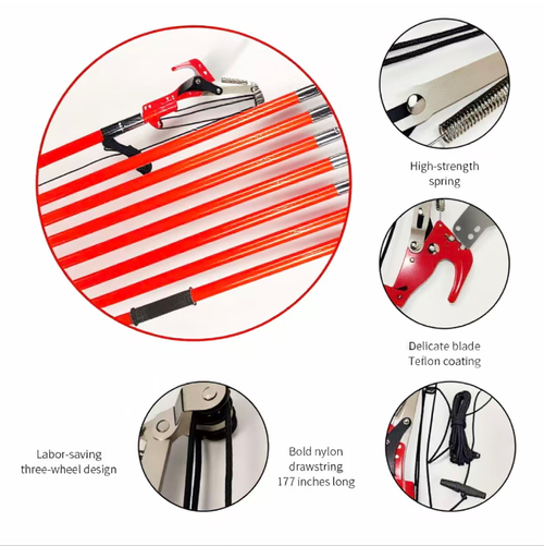 High-altitude pruning saw set, with 8 sections of insulated telescopic rods that can extend up to 8.23 meters. Equipped with Teflon-coated pruning shears and thickened saw blades, the force-saving pulley system makes operation easier. The blade head can be quickly switched. It is safe and efficient for pruning tall branches. It is portable and convenient for storage. It is a professional tool for gardening and orchard pruning.