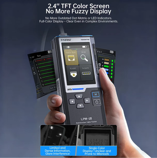 FNIRSI LPM-10 Multi-functional Wire Tracing Instrument, capable of performing cable tracing, continuity and interruption length testing, PoE detection, NCV electrical testing and network speed measurement. With a 2.4-inch color screen for visual operation, it features 60V voltage withstand safety protection. Its portable and integrated design makes it a professional-level all-in-one diagnostic tool for network cabling and maintenance.