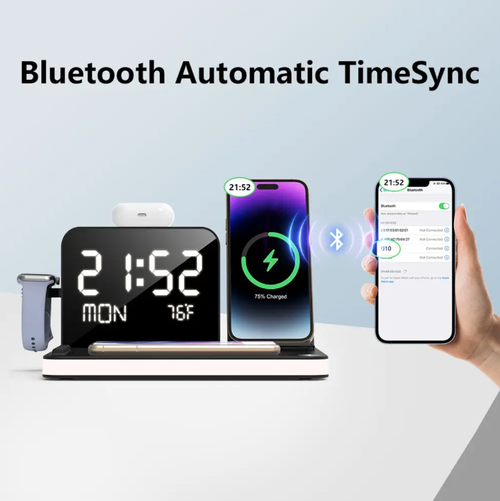 7-in-1 multi-functional charging station, supporting 30W fast charging for multiple devices to charge simultaneously. Wireless + wired compatibility for mainstream models. Equipped with a clock and automatically synchronizes time via Bluetooth. It can also organize and tidy up the desktop. With a black and white appearance, it is highly functional and ensures a neat and efficient digital desktop. It is an all-in-one charging, storage, and timing manager.