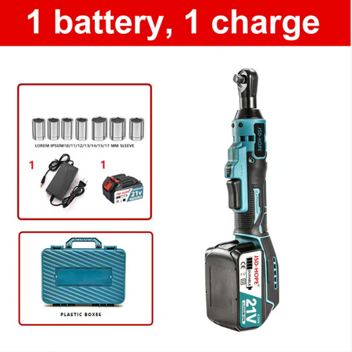 This wireless lithium battery ratchet wrench features a 90-degree elbow design, making it suitable for operations in confined spaces. It supports forward and reverse rotation switching and can be paired with multiple-sized sockets for quick disassembly and assembly of bolts. The entire set includes a battery, charger, and tool storage box. The handle is anti-slip, making it suitable for auto repair and equipment maintenance. It avoids prolonged overload during the operation.