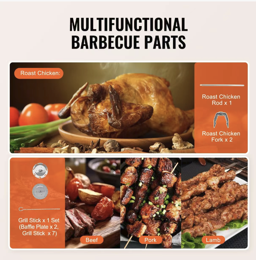 Smoke-free rotating oven, 360° automatic rotation for heating, with even heat distribution and crispy outside while tender inside. Dual knob temperature control, smoke-free and without open flame. This oven can handle chicken, duck, barbecued pork, and skewered meat all in one. The stainless steel body with a glass window is easy to clean and resistant to heat. It is suitable for both home use and street vending. It can effortlessly create the flavor of restaurant-grade barbecue.