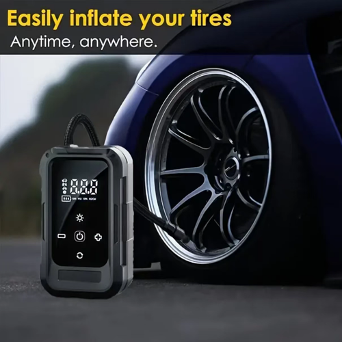 Portable vehicle-mounted wireless inflation pump, with high-definition digital display screen, capable of presetting tire pressure, and automatically stops when fully inflated. Supports dual power supply of lithium battery wireless and vehicle cigarette lighter, comes with a built-in lighting lamp, can be paired with multiple air nozzles, suitable for use in cars, balls, and inflatable products. Comes with a storage bag, suitable for emergency inflation during driving.