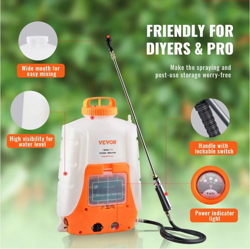 High-pressure intelligent backpack sprayer, equipped with a 12V 8Ah lithium battery, can work continuously for 4-6 hours after one charge. It has adjustable pressure ranging from 0 to 90 PSI. It comes with 8 types of nozzles, a 4-gallon large-capacity body, a wide-mouth design for easy filling, and a thick shoulder strap for comfortable carrying. It is suitable for various scenarios such as gardening, farming, and epidemic prevention.