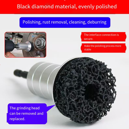 Black Diamond Abrasive Wheel Hub Rust Removal and Maintenance Tool, quickly removes rust, oxide layers and burrs, and simultaneously completes polishing and cleaning. The aluminum alloy handle is sturdy and anti-slip, with replaceable grinding heads that fit hand drills. The interface is stable without shaking, making it an efficient magic tool for auto repair, hardware processing and metal maintenance.