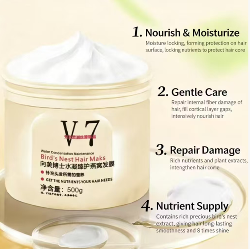 Dr. Mei's V7 Bird's Nest Mask is rich in high-concentration bird's nest essence. If you place an order today, you will receive 6 bottles of premium bird's nest salon-grade non-evaporating masks. It only takes 3 minutes to make frizzy hair smooth and repair damaged areas. Its large capacity can immediately provide protection for your hair, without the need for steam treatment, allowing your hair to have the silky shine of a salon-level treatment.