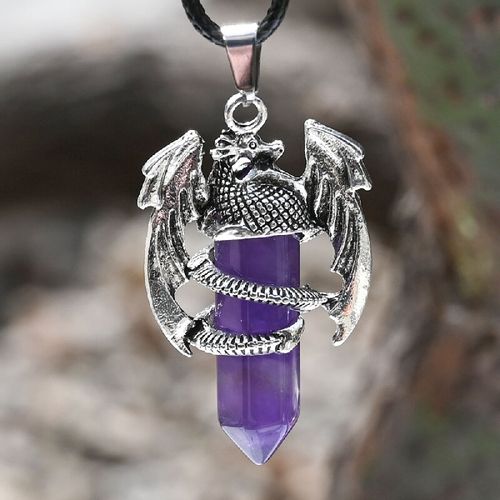Mysterious Mythology-style Natural Amethyst Double-Tipped Hexagonal Prism Pendant - Retro-aged Stainless Steel Dragon-shaped Inlaid Spiritual Energy Guardian Stone Necklace - Eastern Dragon Rhythm Personalized Clothing Accessory for Both Men and Women - Spiritual Healing Feng Shui Crystal Pendant - Online Exclusive Popular and Unique Design Necklace